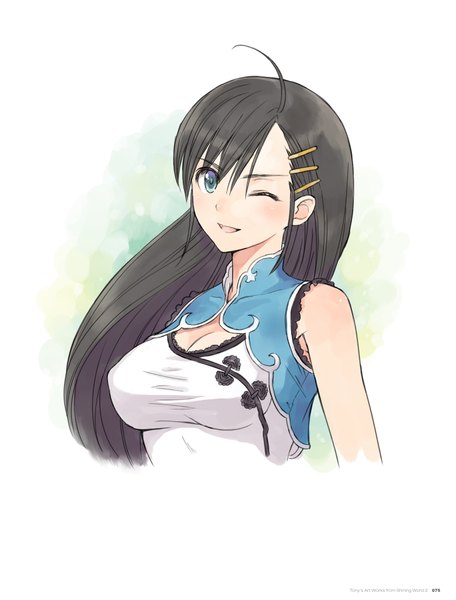 Anime picture 1461x1920 with shining (series) blade arcus from shining pairon tony taka single long hair tall image looking at viewer blush breasts open mouth light erotic black hair simple background smile large breasts white background bare shoulders green eyes signed