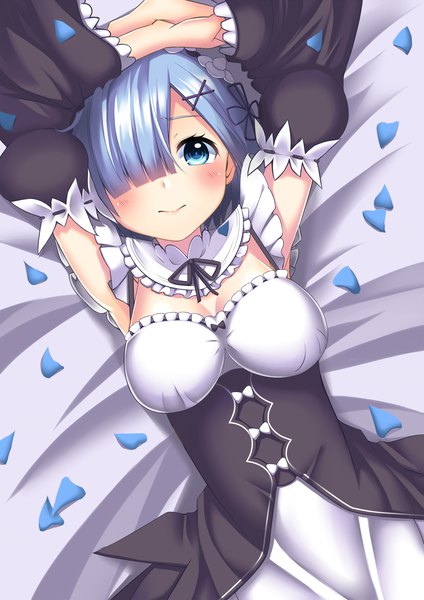 Anime picture 1239x1753 with re:zero kara hajimeru isekai seikatsu white fox rem (re:zero) takamiya nao single tall image looking at viewer blush fringe short hair blue eyes smile blue hair lying hair over one eye arms up maid on back girl uniform