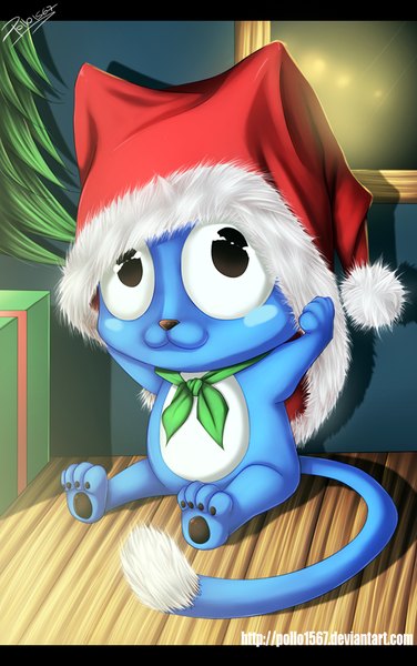 Anime picture 627x1000 with fairy tail happy (fairy tail) pollo1567 single tall image smile black eyes fur trim coloring animal fur cat gift santa claus hat christmas tree