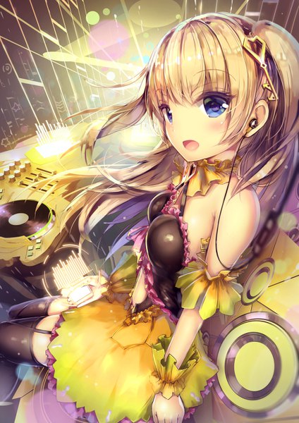 Anime-Bild 2047x2894 mit original missle228 single long hair tall image looking at viewer blush fringe highres breasts open mouth blue eyes blonde hair large breasts twintails :d girl thighhighs black thighhighs headphones