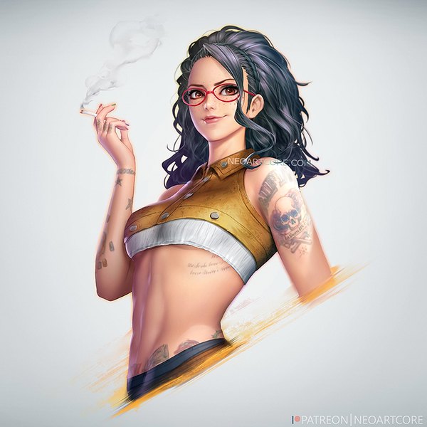 Аниме картинка 800x800 с дьявол может плакать nico (devil may cry) nudtawut thongmai один (одна) длинные волосы смотрит на зрителя грудь чёрные волосы простой фон улыбка держать карие глаза пейсы верхняя часть тела лак на ногтях ногти губы реалистичный серый фон татуировка