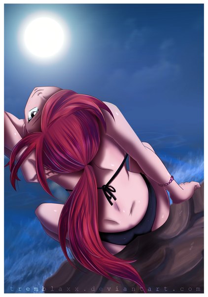 Anime picture 1000x1421 with fairy tail erza scarlet tremblax single long hair tall image fringe light erotic cloud (clouds) ponytail red hair from above black eyes hair over one eye night sky coloring back framed girl swimsuit