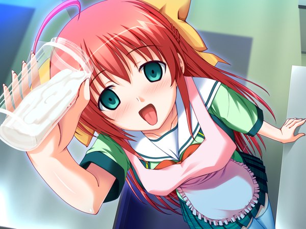 Anime picture 1600x1200 with soushinjutsu mobius kouzuki sakura yukirin single long hair blush open mouth green eyes game cg green hair girl thighhighs uniform bow hair bow school uniform white thighhighs apron cream