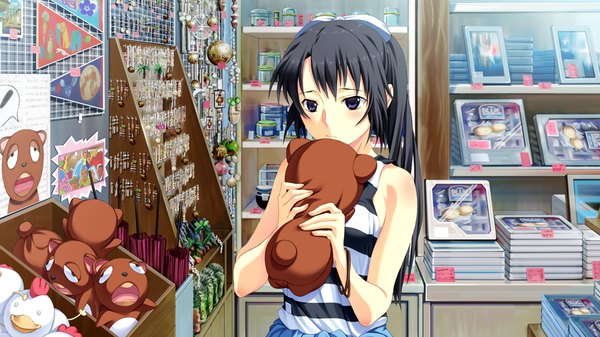 Anime picture 1024x576 with suigetsu 2 long hair blush black hair wide image purple eyes game cg ponytail girl toy stuffed animal
