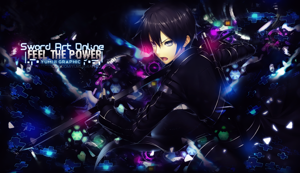 Anime picture 1900x1100 with sword art online a-1 pictures kirigaya kazuto yumijii single highres short hair open mouth black hair wide image inscription grey eyes copyright name boy gloves weapon sword black gloves fingerless gloves cloak