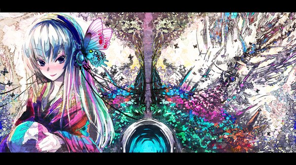 Anime picture 1653x927 with original ayaya (artist) single long hair blush blue eyes smile wide image nail polish multicolored hair girl headphones insect butterfly