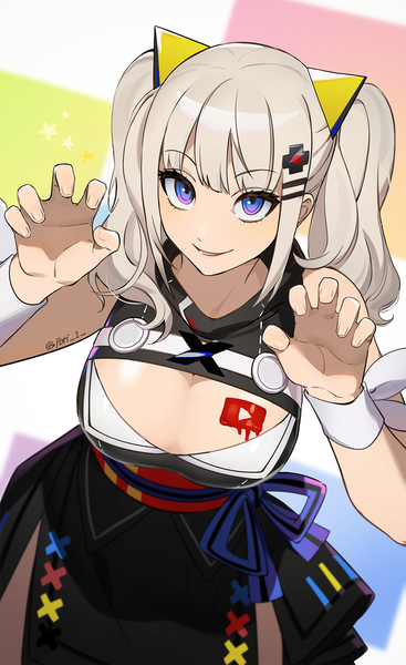 Anime picture 900x1471 with virtual youtuber the moon studio kaguya luna poti single long hair tall image looking at viewer fringe breasts light erotic large breasts purple eyes twintails signed payot cleavage silver hair from above twitter username