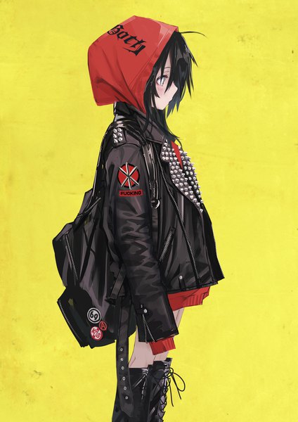 Anime picture 2894x4093 with original nadegata single tall image fringe highres short hair black hair hair between eyes standing looking away long sleeves profile open jacket grey eyes sleeves past wrists lacing yellow background revision leather