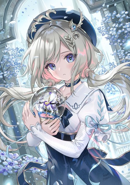 Anime picture 1000x1414 with original midori foo single long hair tall image looking at viewer blush fringe blue eyes twintails holding signed silver hair long sleeves nail polish parted lips multicolored hair fingernails wind puffy sleeves