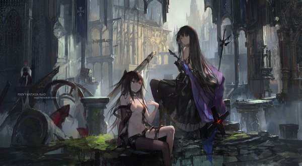 Anime picture 2834x1559 with original pixiv fantasia pixiv fantasia revenge of the darkness swd3e2 long hair fringe highres light erotic black hair hair between eyes red eyes wide image sitting bare shoulders multiple girls signed looking away red hair looking back arm support