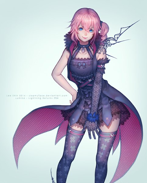 Anime picture 645x800 with final fantasy final fantasy xiii lightning returns: final fantasy xiii square enix lumina slapmyface single tall image looking at viewer fringe short hair blue eyes smile standing ponytail lips zettai ryouiki side ponytail girl thighhighs