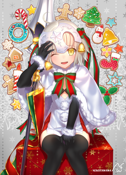Anime picture 800x1107 with fate (series) fate/grand order jeanne d'arc (fate) (all) jeanne d'arc alter santa lily (fate) nekotawa tall image looking at viewer fringe short hair open mouth blonde hair sitting holding signed yellow eyes ahoge one eye closed wink fur trim christmas