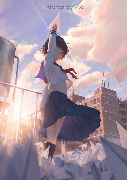 Anime picture 1000x1415 with original vivid (bibido) single tall image blush fringe short hair brown hair standing holding signed sky cloud (clouds) long sleeves pleated skirt wind sunlight blurry from below hair over eyes