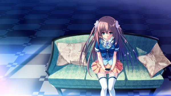 Anime picture 2560x1440 with cocoro@function! hasugase mina single long hair highres blue eyes brown hair wide image sitting game cg girl thighhighs dress white thighhighs pillow couch