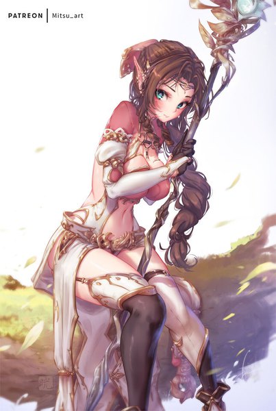 Anime picture 645x960 with final fantasy final fantasy vii square enix aerith gainsborough mitsu (mitsu art) single long hair tall image looking at viewer blush breasts light erotic simple background smile brown hair large breasts white background sitting holding signed