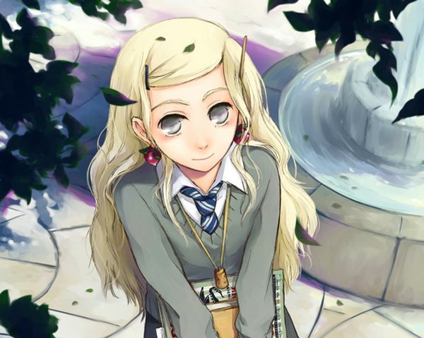 Anime picture 1024x819 with harry potter luna lovegood single long hair blonde hair smile grey eyes girl uniform school uniform earrings pendant book (books) leaf (leaves) fountain