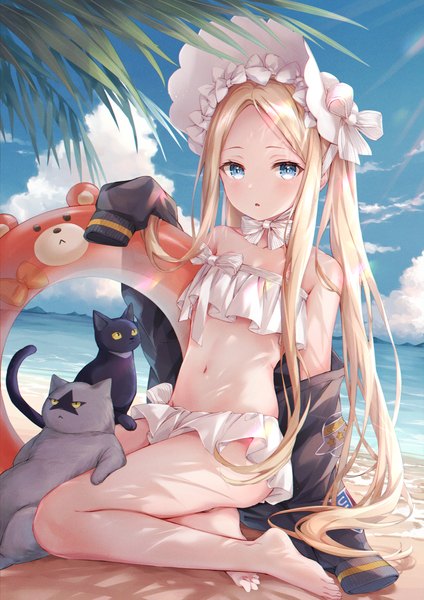 Anime picture 919x1300 with fate (series) fate/grand order abigail williams (fate) abigail williams (swimsuit foreigner) (fate) higeneko single tall image looking at viewer blonde hair sitting twintails payot sky cloud (clouds) outdoors very long hair barefoot :o girl navel
