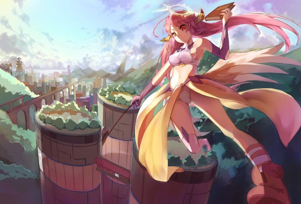 Anime picture 4960x3366 with no game no life madhouse jibril (no game no life) huanxiang heitu single long hair highres light erotic red eyes pink hair absurdres sky cloud (clouds) girl thighhighs underwear panties wings boots book (books)