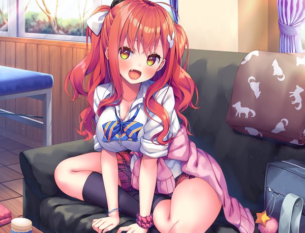 Anime picture 4200x3200 with original asa no ha single long hair looking at viewer blush fringe highres open mouth smile sitting yellow eyes absurdres full body ahoge red hair indoors head tilt :d fang (fangs)