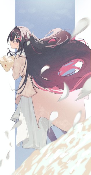 Anime picture 2605x4979 with virtual youtuber hololive azki (hololive) azki (4th costume) (hololive) menomeno draw single tall image fringe highres black hair hair between eyes very long hair from behind official alternate costume girl dress hair ornament petals card (cards)