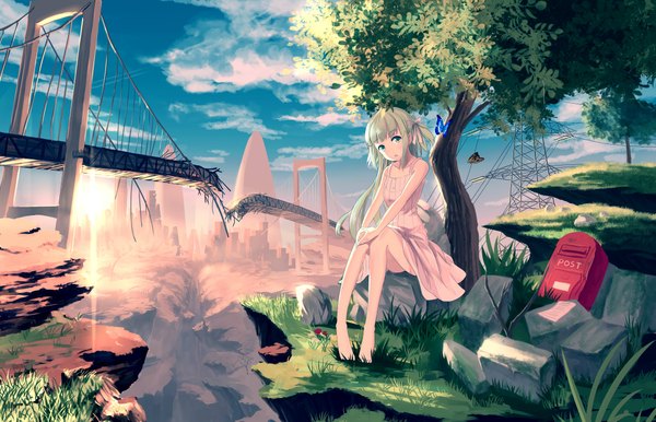 Anime picture 4501x2901 with original siji (szh5522) long hair looking at viewer fringe highres open mouth blonde hair sitting twintails bare shoulders green eyes absurdres sky cloud (clouds) bent knee (knees) barefoot sunlight bare legs no shoes