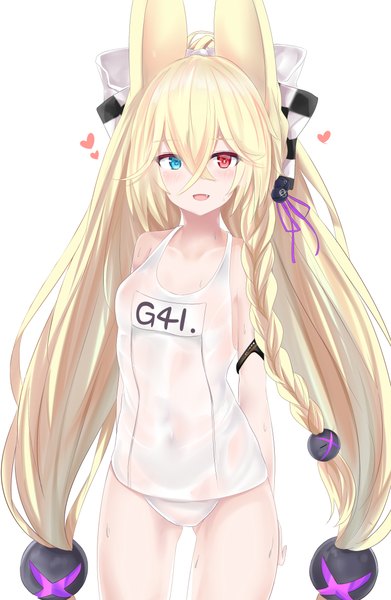 イラスト 3000x4600 と ドールズフロントライン g41 (girls frontline) 儒宅 ソロ 長身像 赤面 前髪 highres 開いた口 青い目 light erotic simple background 金髪 笑顔 hair between eyes 赤い目 立つ 白背景 ツインテール 肩出し