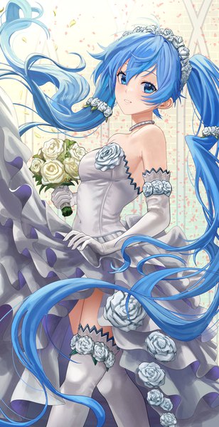 Anime picture 1365x2661 with vocaloid hatsune miku silvertsuki single tall image looking at viewer blush fringe blue eyes smile hair between eyes twintails blue hair very long hair floating hair frilled dress girl thighhighs dress gloves