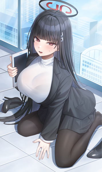 Anime picture 1900x3200 with blue archive rio (blue archive) kangse415 single long hair tall image looking at viewer blush fringe highres breasts open mouth light erotic black hair red eyes large breasts sitting holding indoors long sleeves