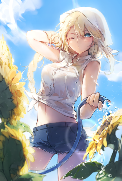 Anime picture 945x1398 with girls frontline g36 (girls frontline) mikuru rumisora single long hair tall image looking at viewer blush fringe breasts blue eyes blonde hair hair between eyes standing holding sky cloud (clouds) outdoors one eye closed midriff