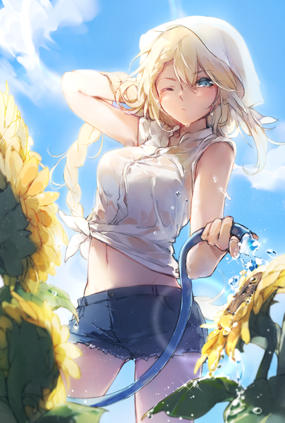 Anime-Bild 945x1398 mit girls frontline g36 (girls frontline) mikuru rumisora single long hair tall image looking at viewer blush fringe breasts blue eyes blonde hair hair between eyes standing holding sky cloud (clouds) outdoors one eye closed midriff