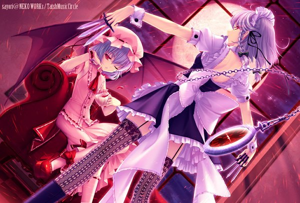 Anime picture 1024x694 with touhou remilia scarlet izayoi sakuya sayori short hair red eyes multiple girls blue hair braid (braids) one eye closed looking back wink maid twin braids red moon girl thighhighs bow black thighhighs 2 girls