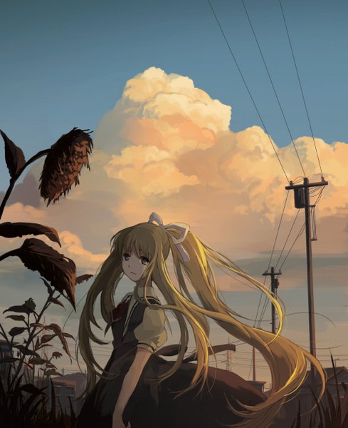 Anime picture 1000x1226 with air key (studio) kamio misuzu hanno single tall image looking at viewer fringe blonde hair standing sky cloud (clouds) ponytail evening sunset girl dress flower (flowers) bow ribbon (ribbons)