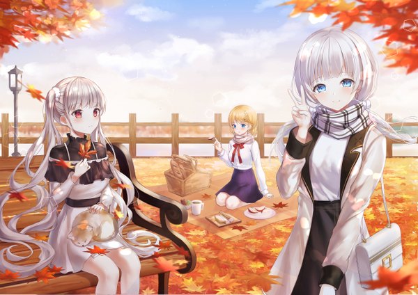 Anime picture 4961x3508 with azur lane formidable (azur lane) illustrious (azur lane) victorious (azur lane) meliyannn long hair looking at viewer blush fringe highres short hair blue eyes blonde hair smile red eyes standing sitting twintails multiple girls holding