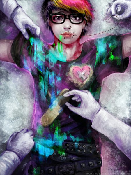 Anime picture 800x1067 with original visaga single tall image looking at viewer short hair lying multicolored hair black eyes on back piercing scar nose piercing boy glasses belt heart bandage (bandages) bandaid