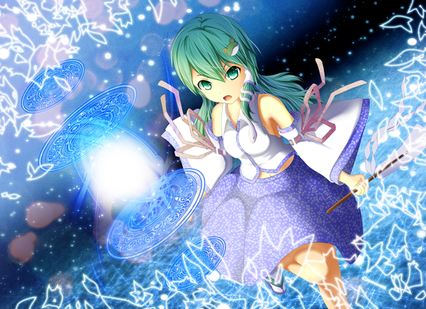 Anime picture 1024x743 with touhou kochiya sanae masatome (artist) long hair open mouth green eyes green hair magic girl skirt ribbon (ribbons) detached sleeves animal skirt set hair tubes snake