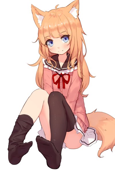 Anime picture 800x1200 with original shone single long hair tall image looking at viewer blush fringe blue eyes light erotic simple background blonde hair smile white background sitting animal ears full body ahoge bent knee (knees) tail