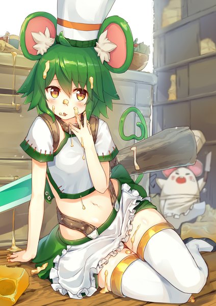 Anime-Bild 2893x4092 mit last period ratte (last period) ruma imaginary single tall image looking at viewer fringe highres short hair hair between eyes sitting animal ears yellow eyes full body indoors tail animal tail green hair arm support midriff