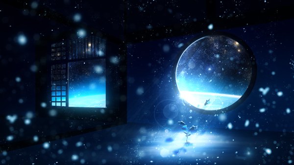 Anime picture 2560x1440 with original y y (ysk ygc) highres wide image depth of field wallpaper lens flare no people fantasy scenic abstract plant (plants) animal window star (stars) fish (fishes)