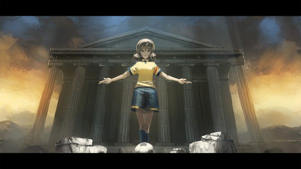 Anime picture 1920x1080 with inazuma eleven inazuma eleven go shindou takuto ronin single highres short hair brown hair wide image brown eyes outdoors grey hair sunlight realistic spread arms ruins architecture football boy uniform