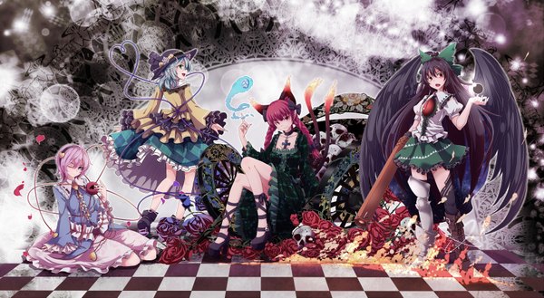 Anime picture 1635x899 with touhou komeiji koishi komeiji satori reiuji utsuho kaenbyou rin nikka (cryptomeria) long hair looking at viewer short hair black hair red eyes wide image sitting purple eyes multiple girls green eyes animal ears pink hair silver hair ponytail