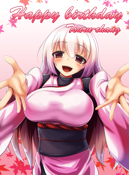 Anime picture 740x1000 with saboten teishoku single long hair tall image looking at viewer blush fringe breasts light erotic smile brown hair large breasts brown eyes purple hair white hair multicolored hair inscription outstretched arm gradient hair girl