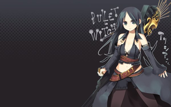 Anime picture 1680x1050 with bullet witch alicia (bullet witch) kashiwamochi yomogi single long hair looking at viewer breasts wide image large breasts green eyes green hair copyright name third-party edit extended girl weapon detached sleeves gun