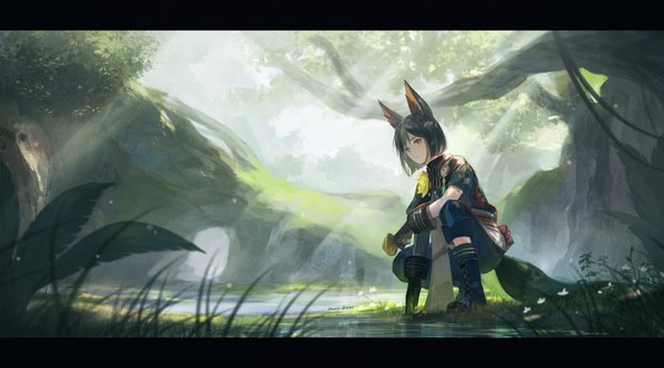 Anime picture 5684x3150 with genshin impact tighnari (genshin impact) anna (drw01) single highres short hair black hair wide image animal ears absurdres full body outdoors tail animal tail sunlight letterboxed squat river boy plant (plants)