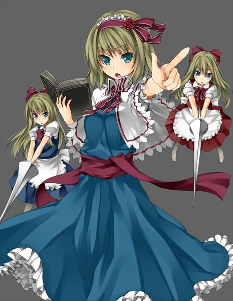 Anime picture 776x1000 with touhou alice margatroid unasaka ryou tall image short hair open mouth blue eyes simple background brown hair grey background pointing girl dress frills hairband book (books) doll (dolls)