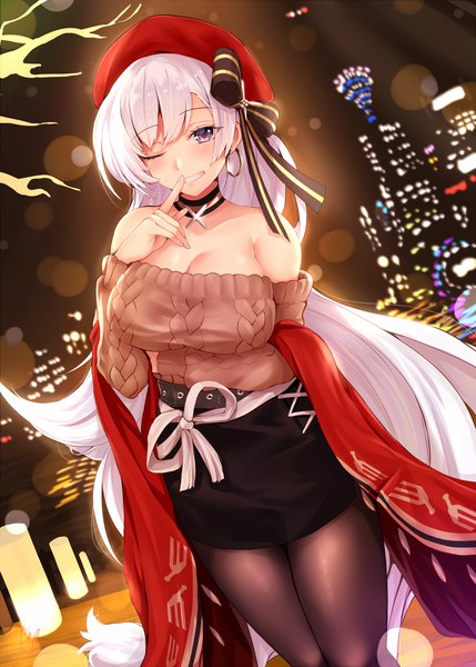Anime picture 1250x1748 with azur lane belfast (azur lane) belfast (shopping with the head maid) (azur lane) narushima kanna single tall image looking at viewer blush fringe breasts light erotic smile large breasts standing purple eyes bare shoulders payot cleavage silver hair outdoors
