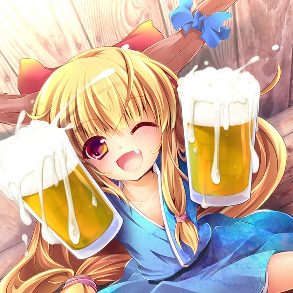 Anime picture 1000x1000 with touhou ibuki suika enjoy mix single long hair blush open mouth blonde hair red eyes one eye closed horn (horns) wink girl dress alcohol beer