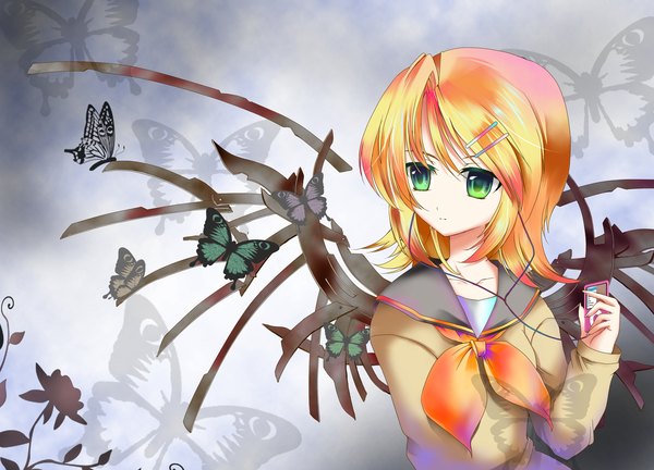Anime picture 1530x1104 with vocaloid ipod kagamine rin yuuki kira single short hair blonde hair green eyes girl uniform hair ornament school uniform wings insect butterfly bobby pin