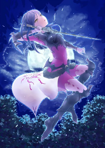 Anime picture 1000x1414 with original agenoumi single tall image fringe holding yellow eyes sky purple hair cloud (clouds) glowing weightlessness girl dress weapon plant (plants) petals boots belt armor