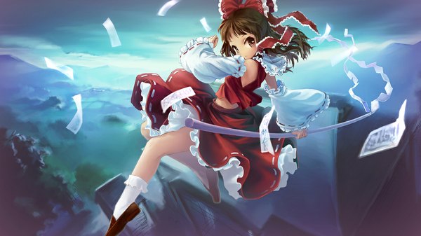 Anime picture 1024x576 with touhou hakurei reimu brown hair wide image nature girl skirt detached sleeves tree (trees) shoes skirt set forest mary janes gohei ofuda kanihira