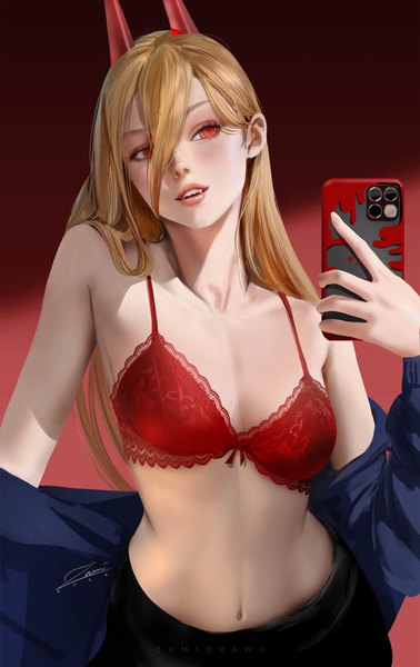 Anime picture 2212x3508 with chainsaw man mappa power (chainsaw man) zumi (zumidraws) single long hair tall image looking at viewer blush fringe highres breasts open mouth light erotic simple background blonde hair hair between eyes red eyes standing signed